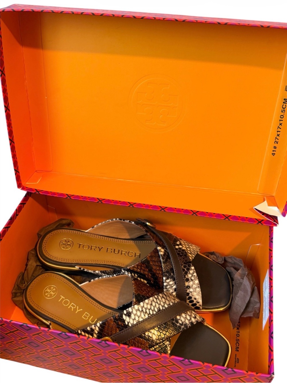 Tory Burch Brown and Black Snake-Print Slide Sandals - Picture 3 of 4